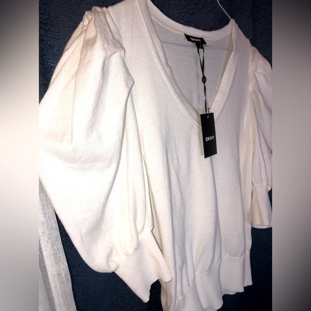 DKNY Ivory V-Neck Blouse with Puff Sleeves - Picture 3 of 7